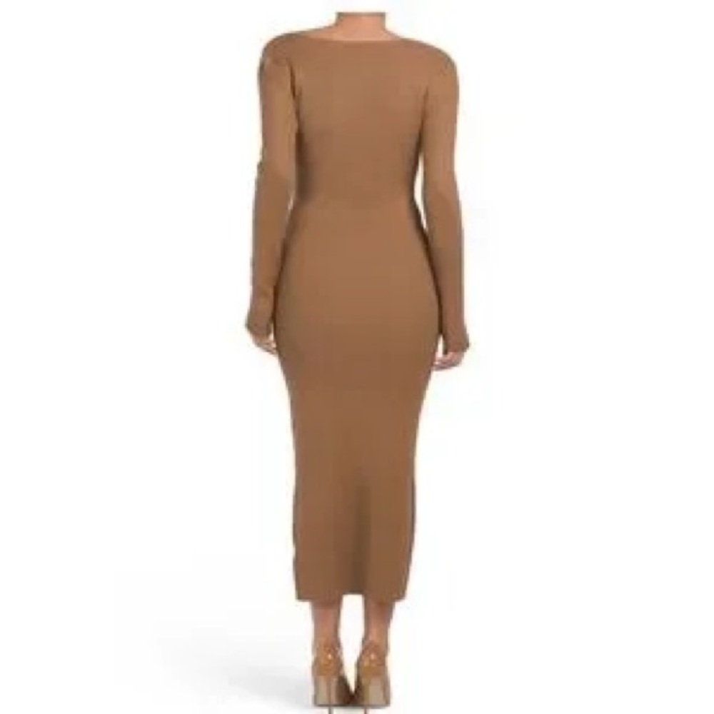 HOUSE OF HARLOW Twist Front Long Sleeve Rib Knit Dress - Camel Brown - Picture 3 of 5